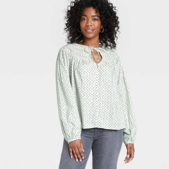 UNIVERSAL THREAD Balloon Long Sleeve Tie-Front Top in Cream - Picture 1 of 5